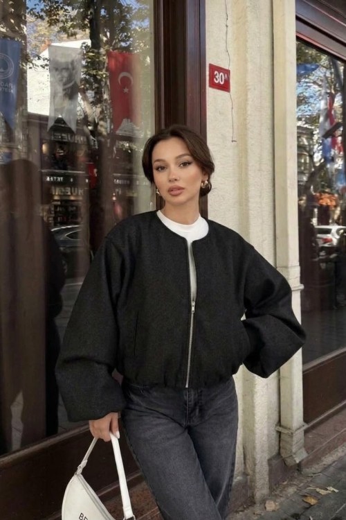Kadın Kaşe Kumaş Bomber Ceket  Siyah