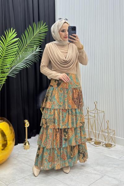 Kat Kat Etnik Etek Yeşil Yeşil