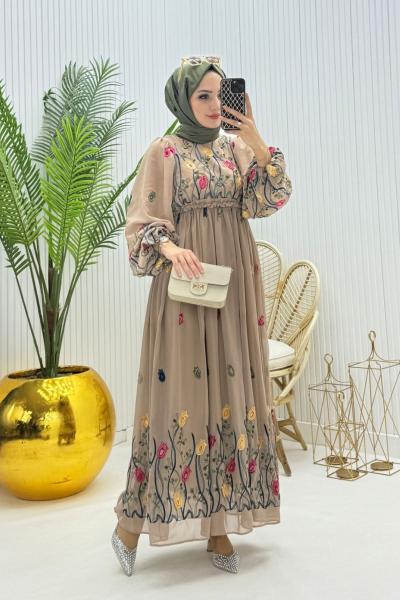 Lora Tesettür Elbise Vizon Vizon