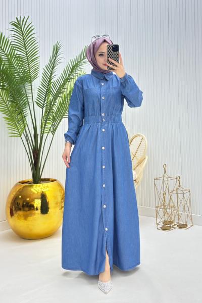 Makaron Tesettür Elbise Mavi Mavi