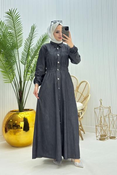 Makaron Tesettür Elbise Füme Füme