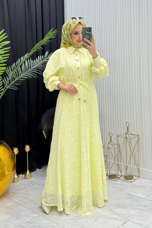 Makaron Tesettür Elbise Sarı Sarı