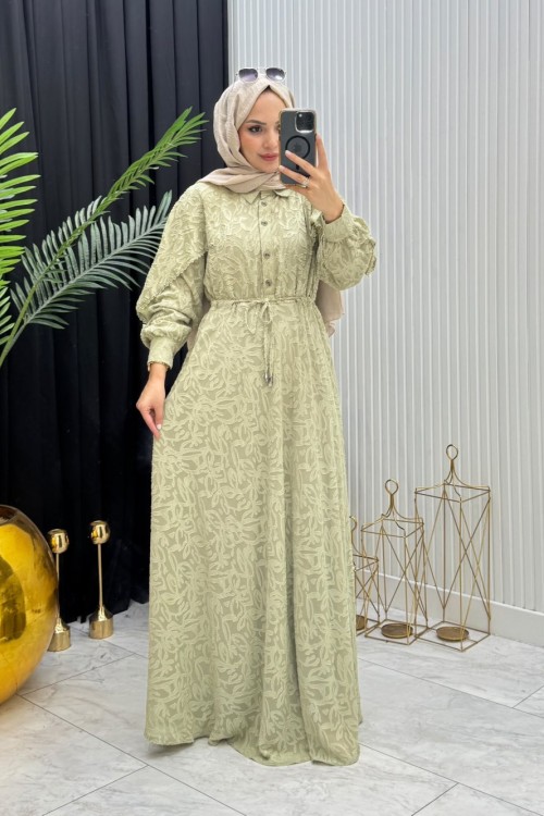 Makaron Tesettür Elbise Yeşil Yeşil
