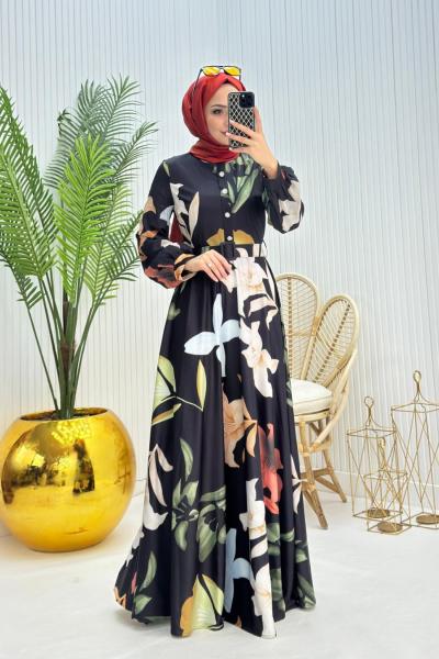 Mimoza Tesettür Elbise Siyah Siyah