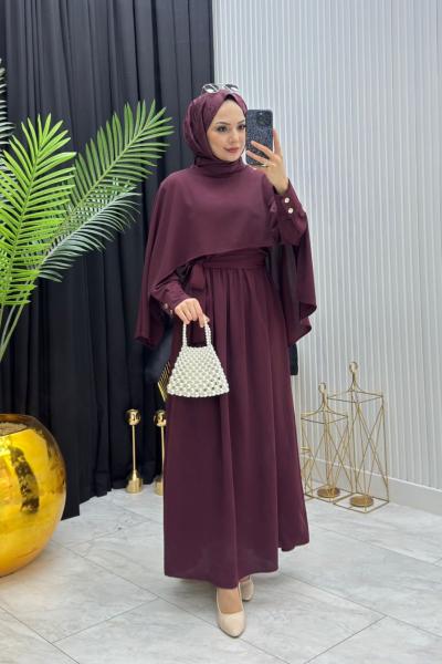 Pelerinli Elbise Bordo Bordo