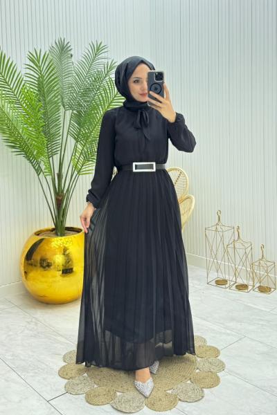 Piliseli Tesettür Elbise Siyah Siyah