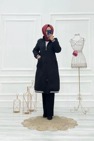 Ribanalı Tesettür Kaban Siyah Siyah