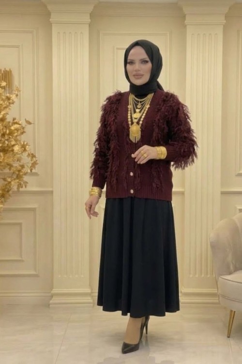 Saçaklı Hırka Bordo Bordo