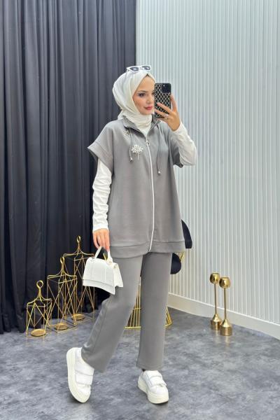 Taş Detay Yelekli Takım Gri Gri
