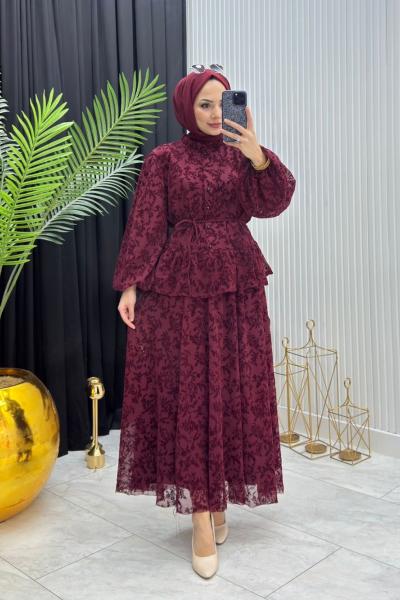 Yonca Dantel Takım Bordo Bordo