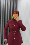 Bordo Zerya Ceket Takım Premium Seri Kemerli Tesettür Giyim Double Krep Plazzo Uzun Pantolon
