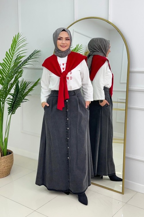 Düğmeli̇ Deni̇m Etek  Duman