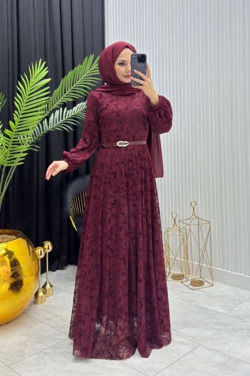 Gonca Dantel Elbise Bordo Bordo