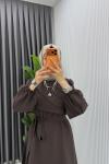 Kahve Emel Elbise Premium Seri Kuşaklı Tam Boy Tesettür Giyim