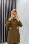 Kahve Kardelen Premium Seri Krep Pantolnlu Takım Tesettür Giyim