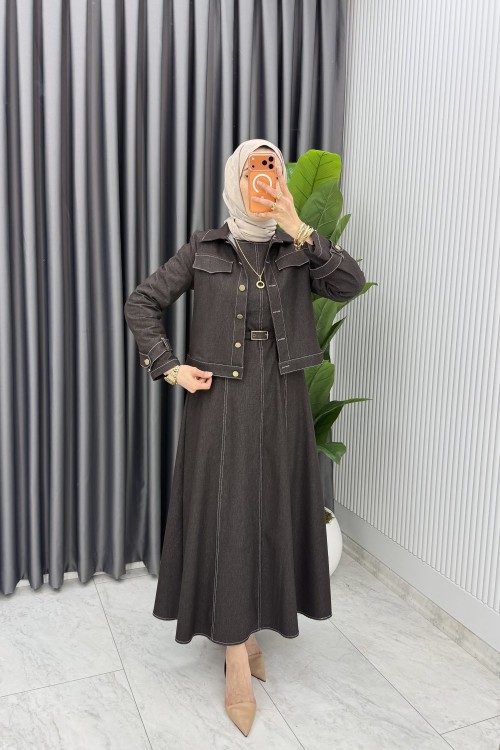 Kahve Premium Eda Kot Jile Ceket Takım Tesettür Giyim