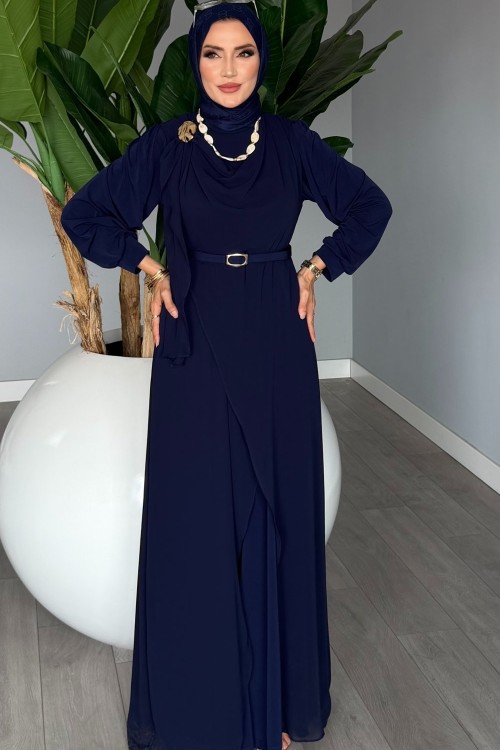 Lacivert Linet Kemerli Tulum Premium Seri Tasarım Tesettür Giyim