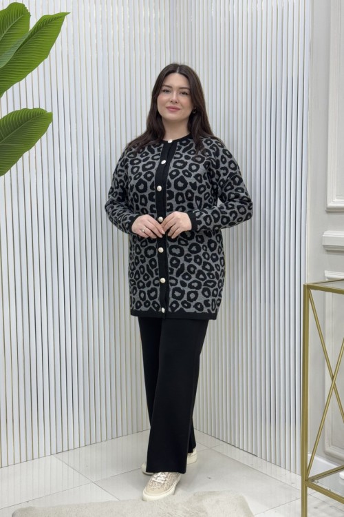 Lila Leopar Triko Takım Siyah
