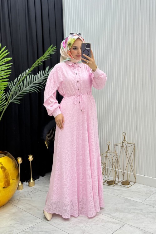 Makaron Tesettür Elbise  Pembe Pembe
