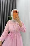 Pembe Gena Desenli Astarlı Çiçek Baskılı Tesettür Elbise