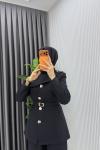 Siyah Zerya Ceket Takım Premium Seri Kemerli Tesettür Giyim Double Krep Plazzo Uzun Pantolon